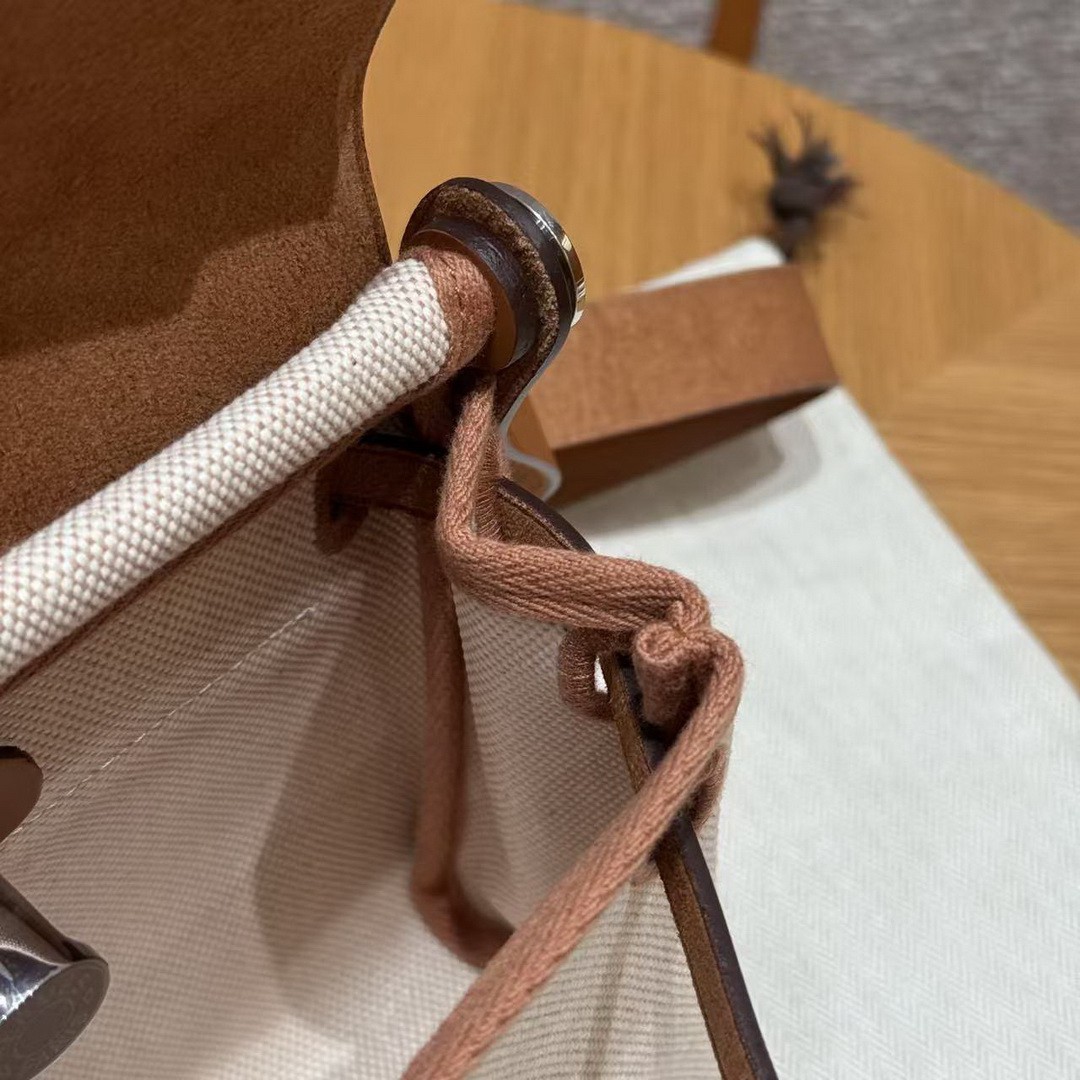 Hermes Mini Herbag Zip 20 Bag Retourne Ecru Beige Fauve Handmade In Militaire Canvas and Hunter Cowhide Silver Hardware - Image 10
