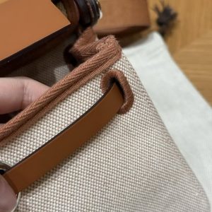 Hermes Mini Herbag Zip 20 Bag Retourne Ecru Beige Fauve Handmade In Militaire Canvas and Hunter Cowhide Silver Hardware - Image 9