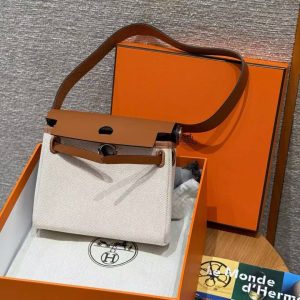Hermes Mini Herbag Zip 20 Bag Retourne Ecru Beige Fauve Handmade In Militaire Canvas and Hunter Cowhide Silver Hardware - Image 5