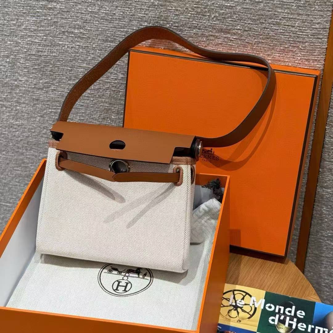 Hermes Mini Herbag Zip 20 Bag Retourne Ecru Beige Fauve Handmade In Militaire Canvas and Hunter Cowhide Silver Hardware - Image 5