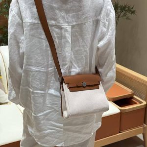 Hermes Mini Herbag Zip 20 Bag Retourne Ecru Beige Fauve Handmade In Militaire Canvas and Hunter Cowhide Silver Hardware - Image 3