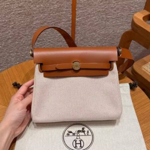 Hermes Mini Herbag Zip 20 Bag Retourne Ecru Beige Gold Handmade In Militaire Canvas and Hunter Cowhide Gold Hardware - Image 2