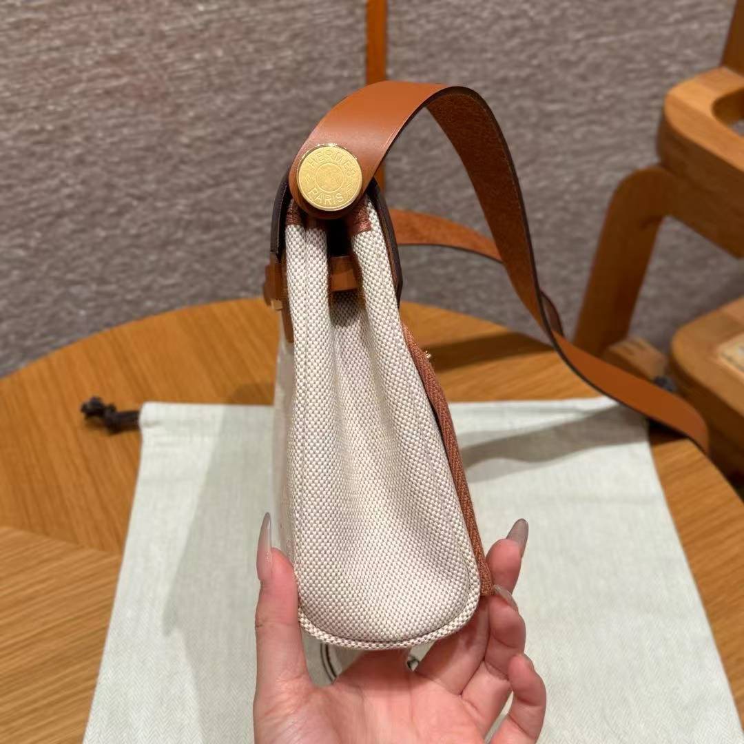 Hermes Mini Herbag Zip 20 Bag Retourne Ecru Beige Gold Handmade In Militaire Canvas and Hunter Cowhide Gold Hardware - Image 26