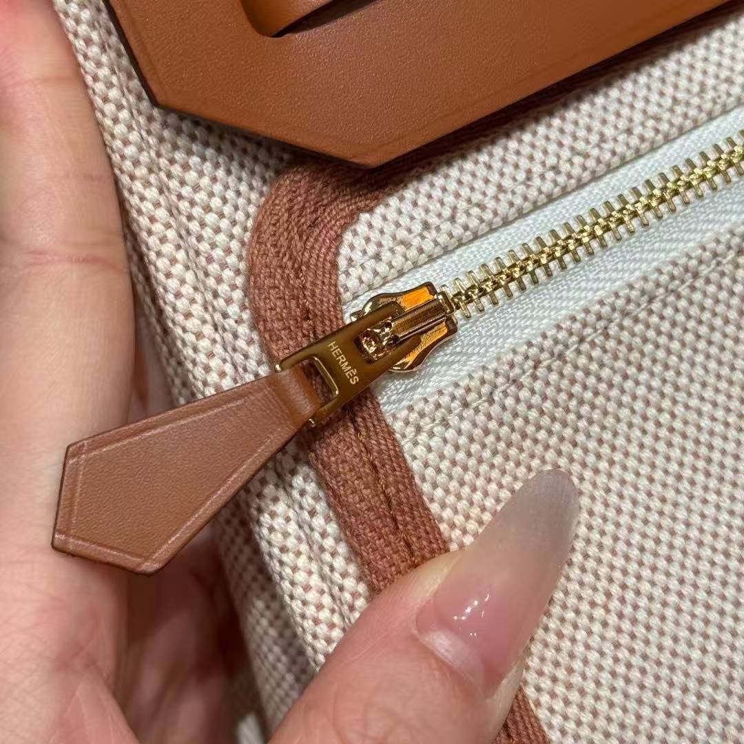 Hermes Mini Herbag Zip 20 Bag Retourne Ecru Beige Gold Handmade In Militaire Canvas and Hunter Cowhide Gold Hardware - Image 18