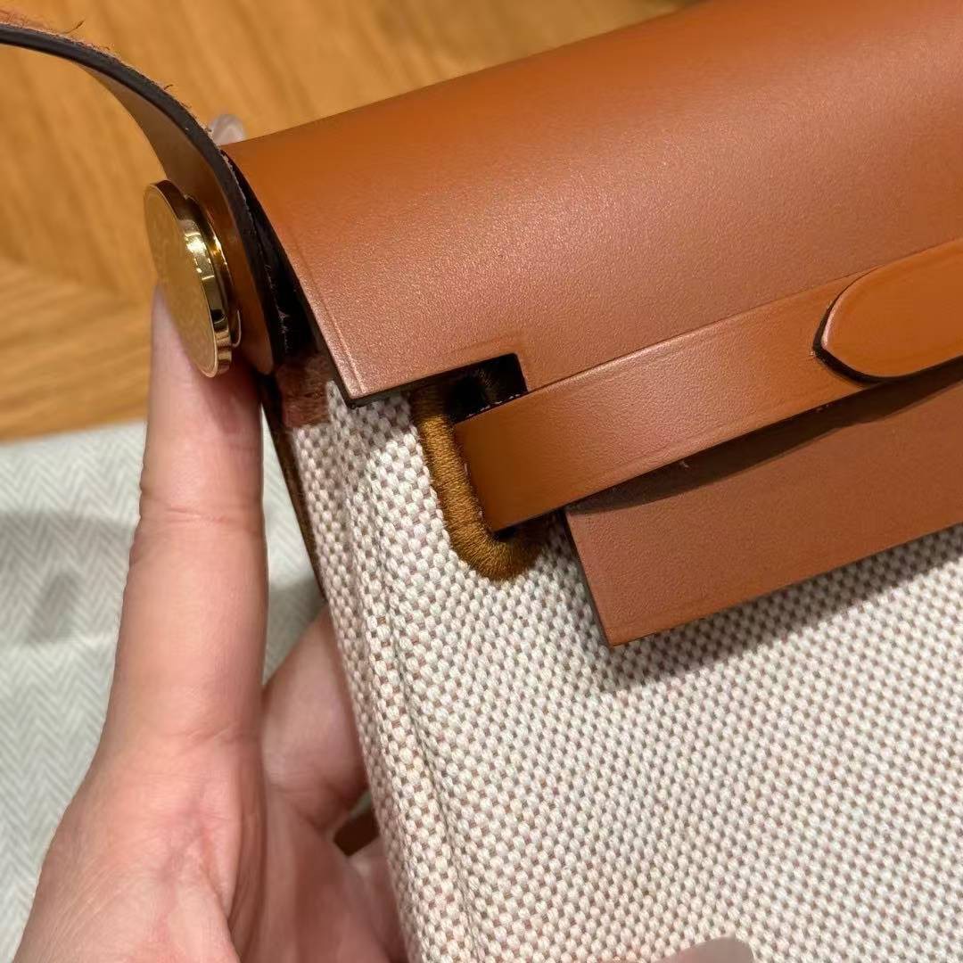 Hermes Mini Herbag Zip 20 Bag Retourne Ecru Beige Gold Handmade In Militaire Canvas and Hunter Cowhide Gold Hardware - Image 14