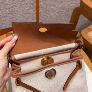 Hermes Mini Herbag Zip 20 Bag Retourne Ecru Beige Gold Handmade In Militaire Canvas and Hunter Cowhide Gold Hardware - Image 12