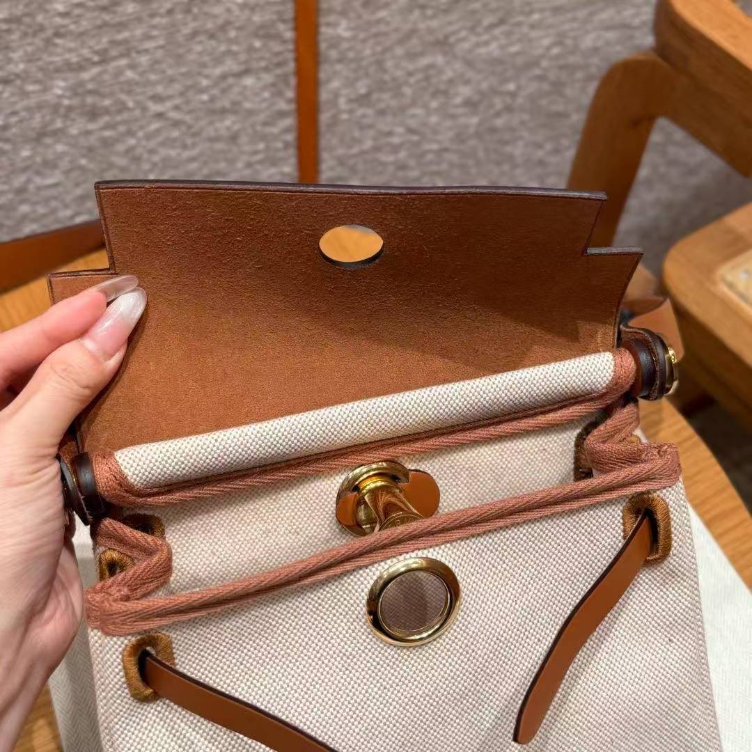 Hermes Mini Herbag Zip 20 Bag Retourne Ecru Beige Gold Handmade In Militaire Canvas and Hunter Cowhide Gold Hardware - Image 12