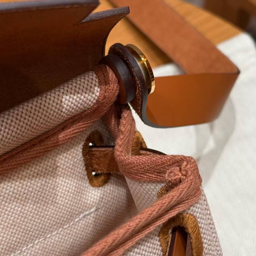 Hermes Mini Herbag Zip 20 Bag Retourne Ecru Beige Gold Handmade In Militaire Canvas and Hunter Cowhide Gold Hardware - Image 8