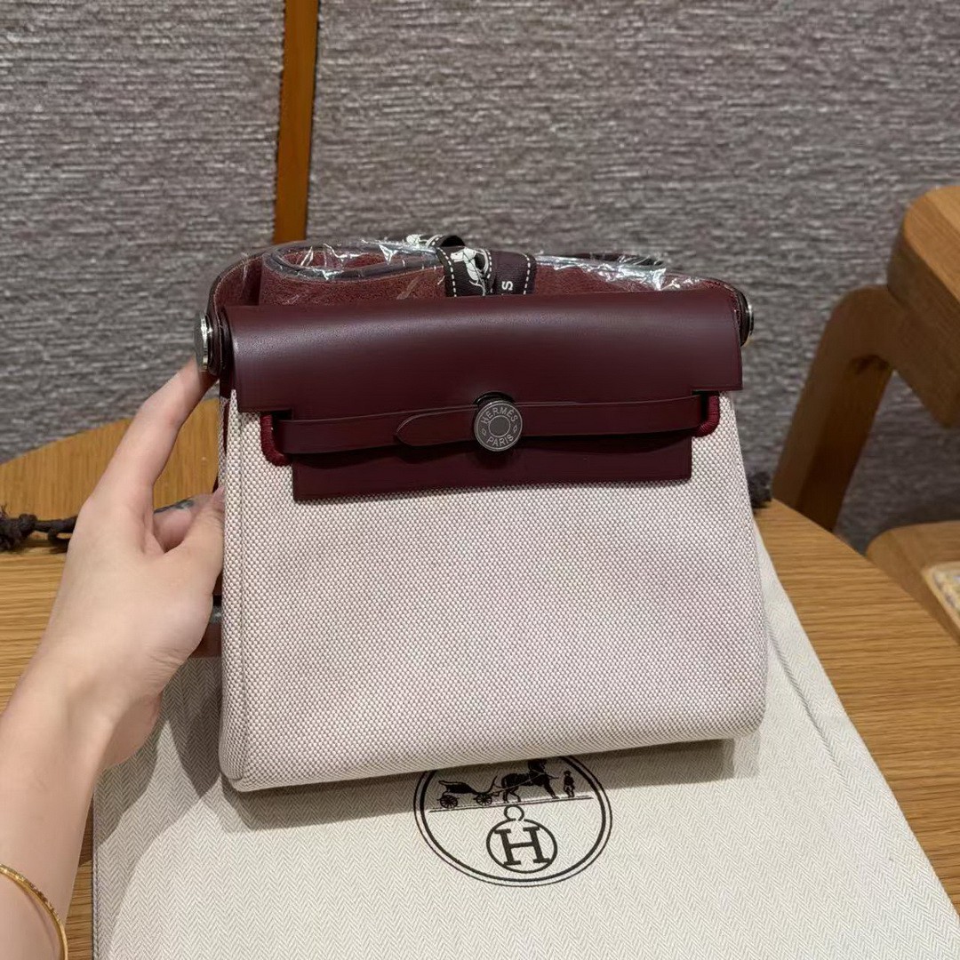 Hermes Mini Herbag Zip 20 Bag Retourne Écru Beige Rouge H Handmade In Militaire Canvas and Hunter Cowhide Silver Hardware