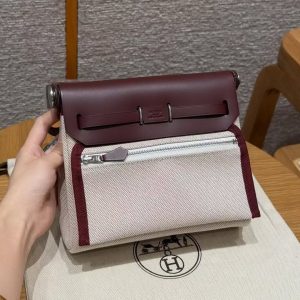 Hermes Mini Herbag Zip 20 Bag Retourne Écru Beige Rouge H Handmade In Militaire Canvas and Hunter Cowhide Silver Hardware - Image 2