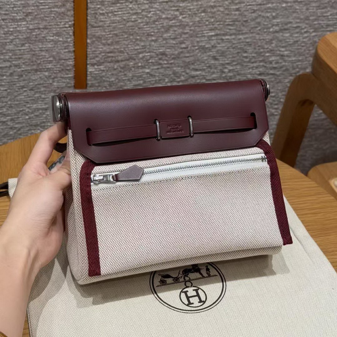Hermes Mini Herbag Zip 20 Bag Retourne Écru Beige Rouge H Handmade In Militaire Canvas and Hunter Cowhide Silver Hardware - Image 2