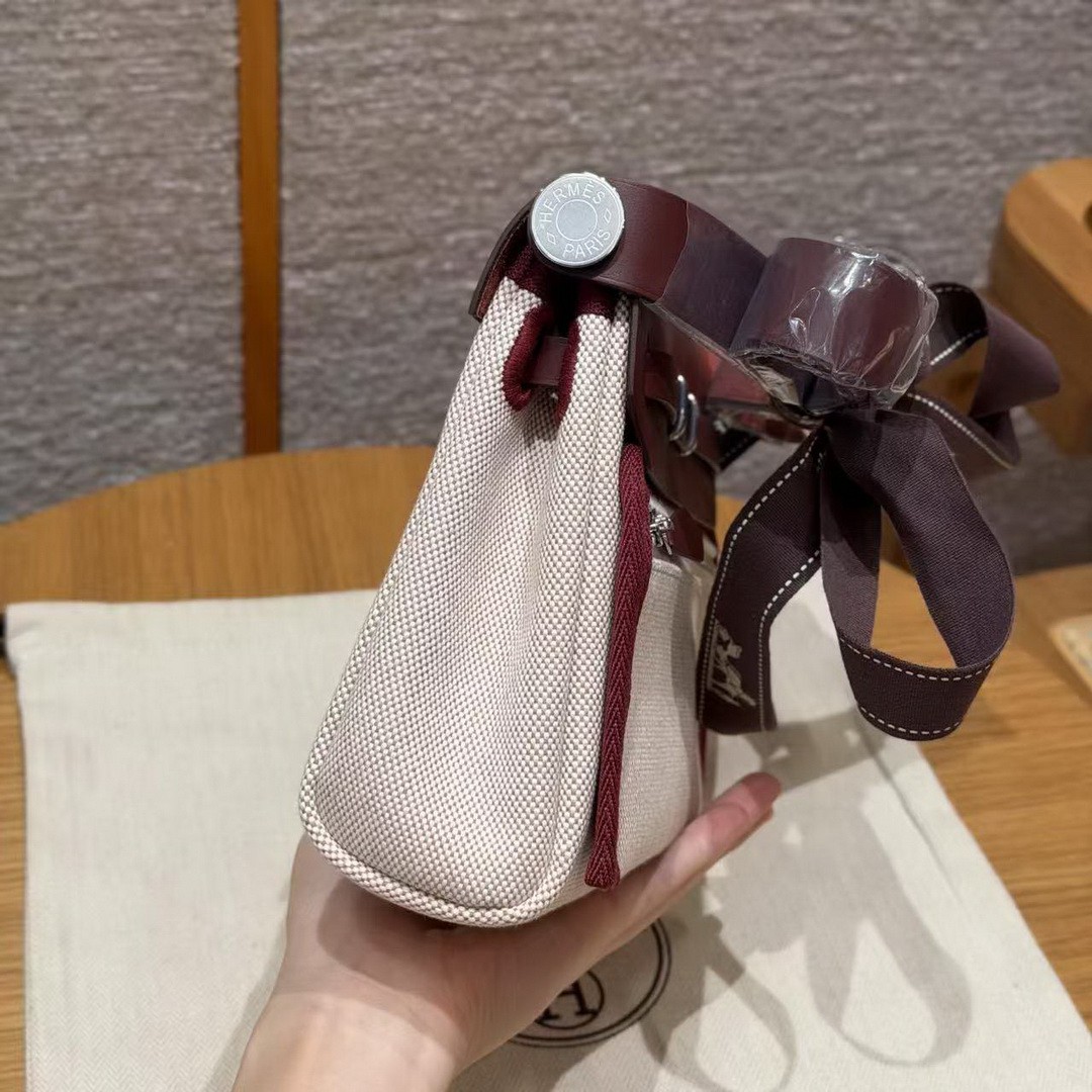 Hermes Mini Herbag Zip 20 Bag Retourne Écru Beige Rouge H Handmade In Militaire Canvas and Hunter Cowhide Silver Hardware - Image 23