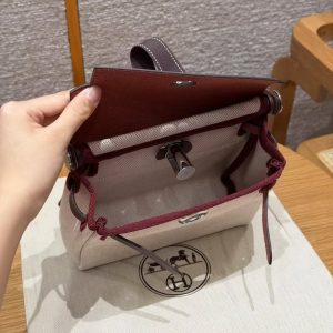 Hermes Mini Herbag Zip 20 Bag Retourne Écru Beige Rouge H Handmade In Militaire Canvas and Hunter Cowhide Silver Hardware - Image 21