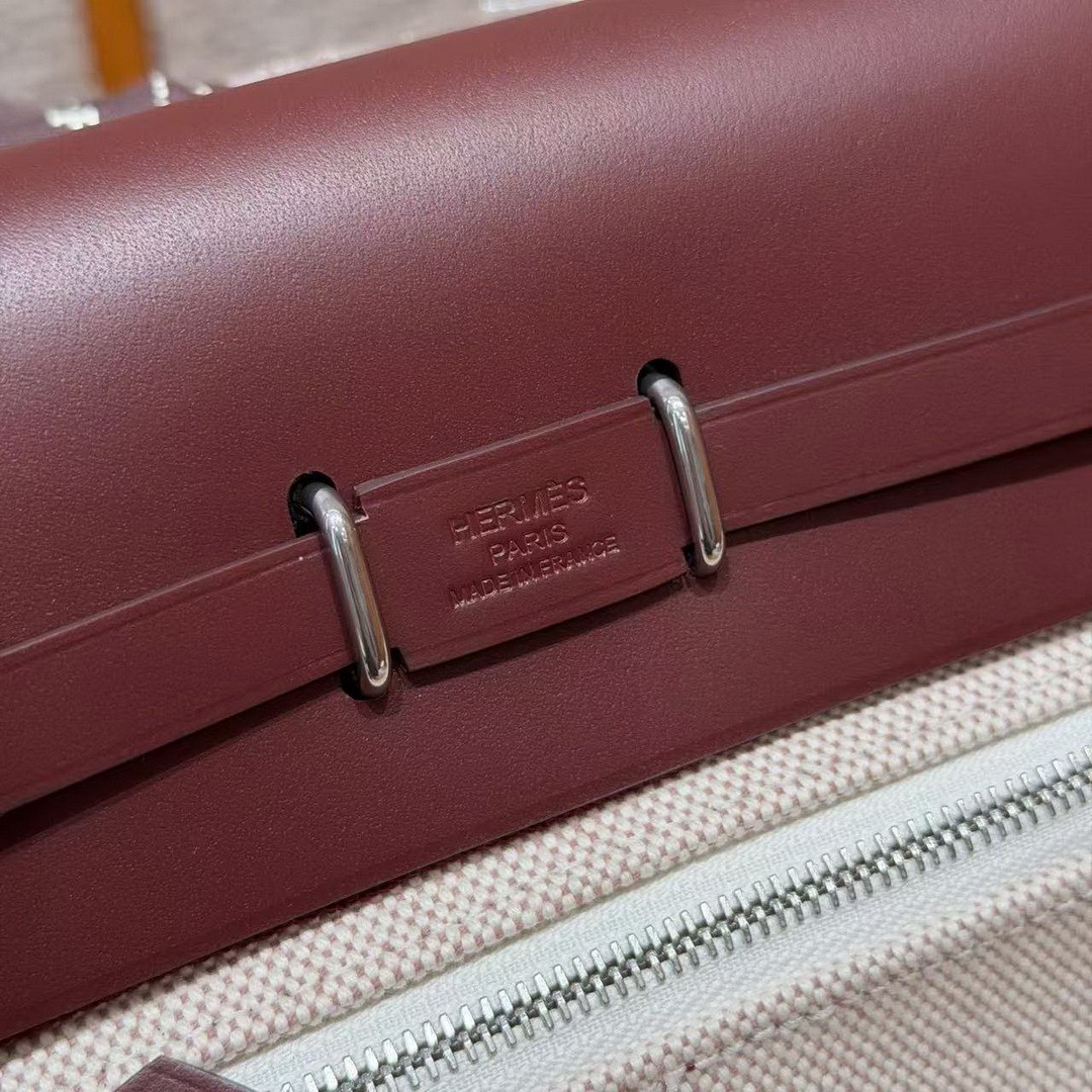 Hermes Mini Herbag Zip 20 Bag Retourne Écru Beige Rouge H Handmade In Militaire Canvas and Hunter Cowhide Silver Hardware - Image 19