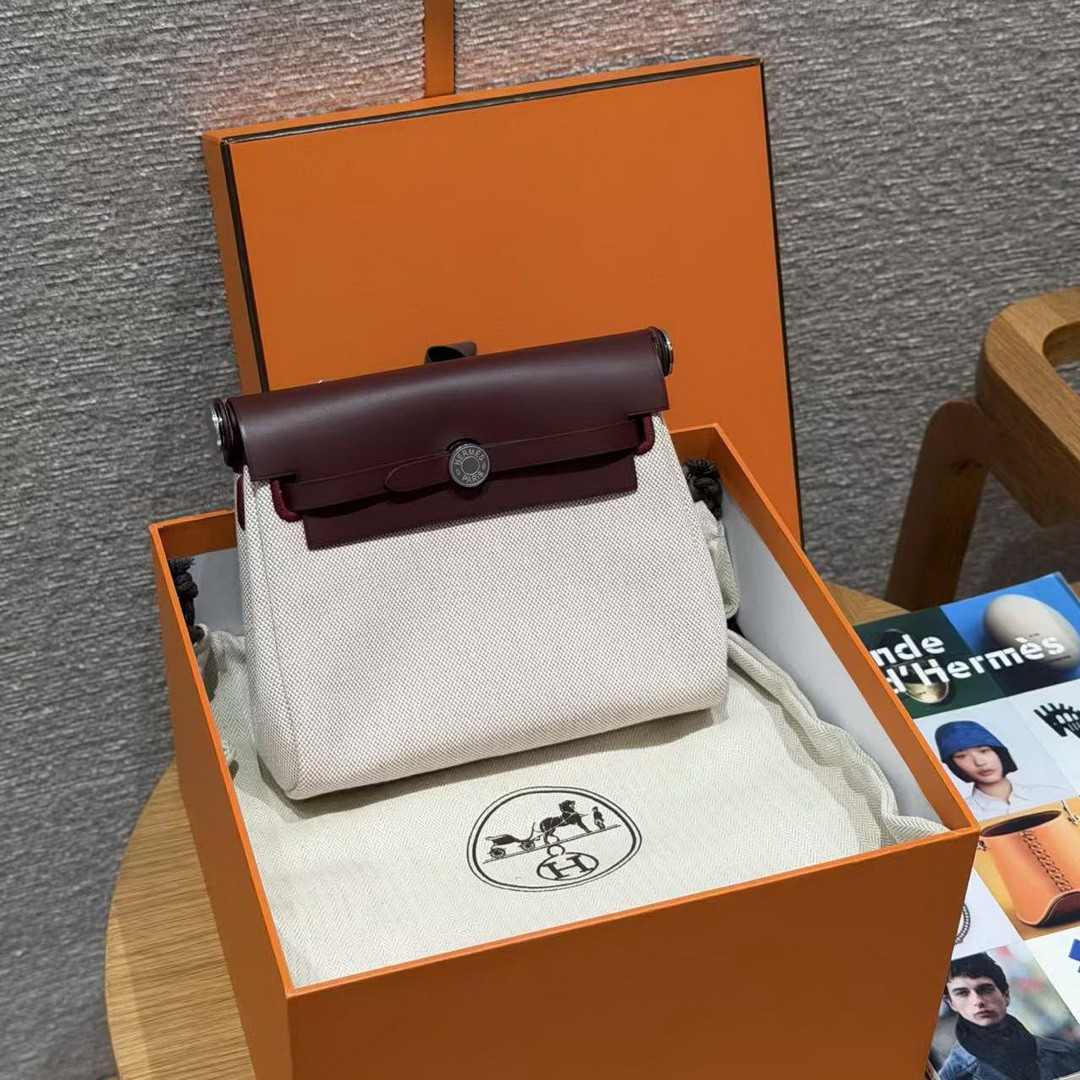 Hermes Mini Herbag Zip 20 Bag Retourne Écru Beige Rouge H Handmade In Militaire Canvas and Hunter Cowhide Silver Hardware - Image 17