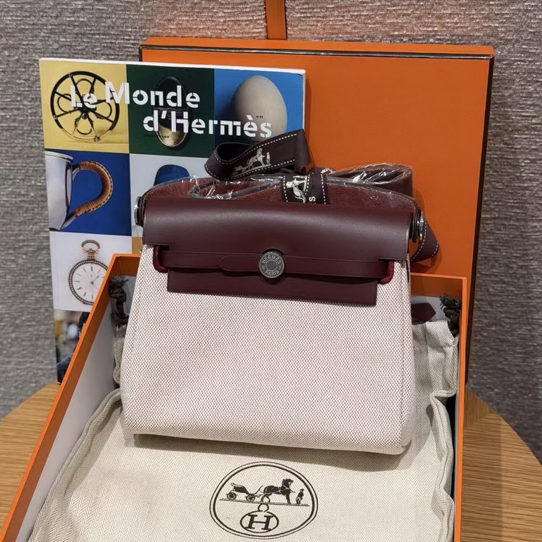 Hermes Mini Herbag Zip 20 Bag Retourne Écru Beige Rouge H Handmade In Militaire Canvas and Hunter Cowhide Silver Hardware - Image 16