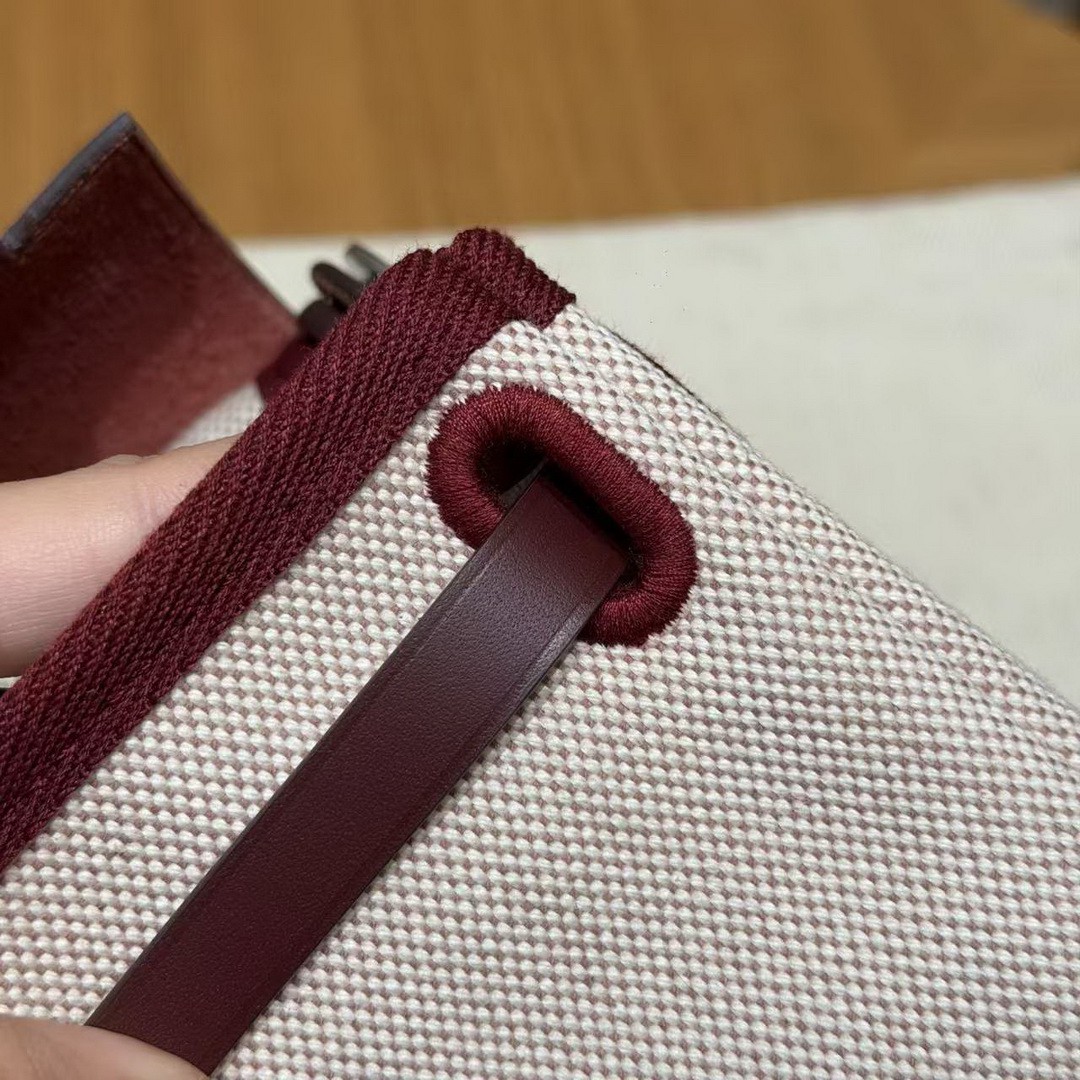 Hermes Mini Herbag Zip 20 Bag Retourne Écru Beige Rouge H Handmade In Militaire Canvas and Hunter Cowhide Silver Hardware - Image 11