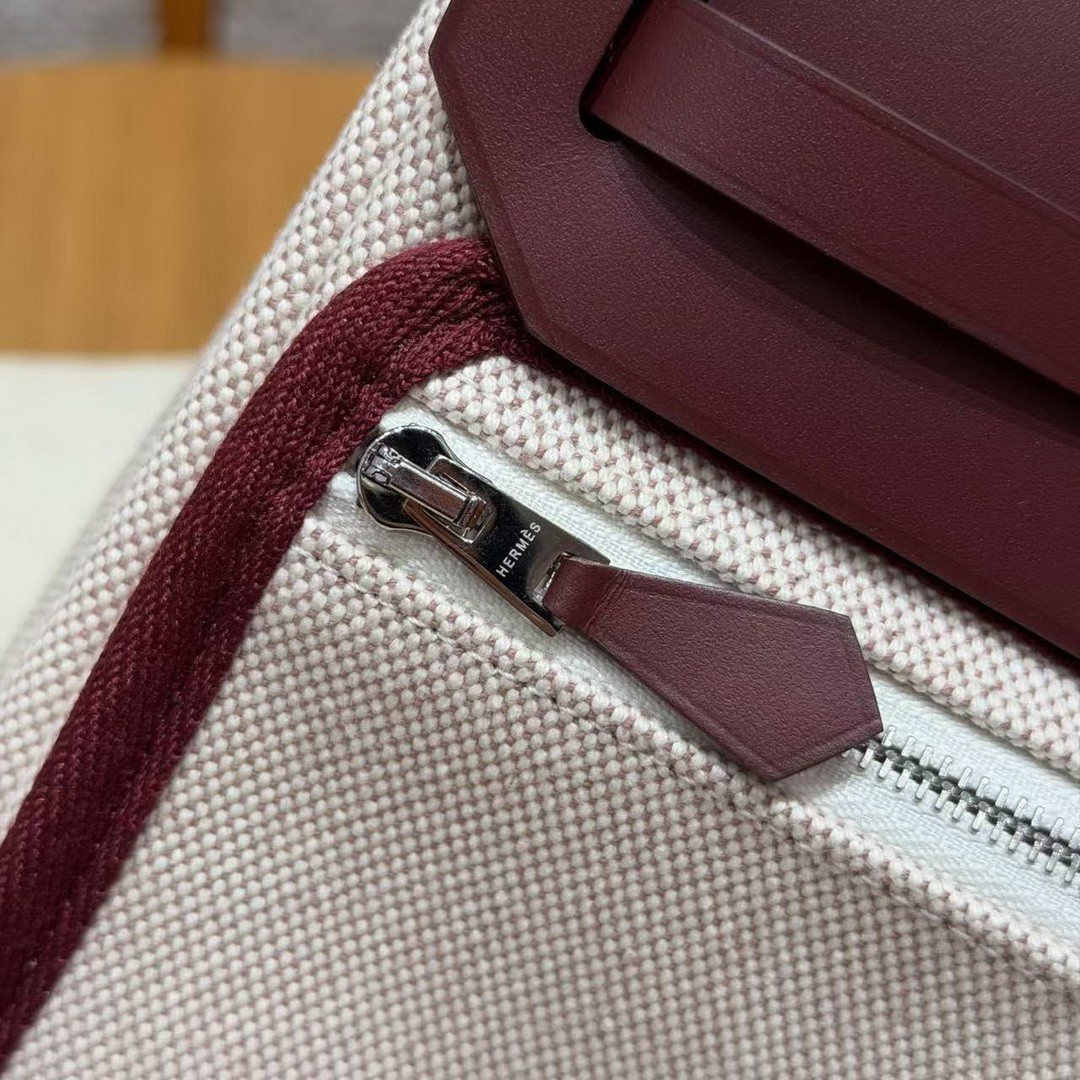 Hermes Mini Herbag Zip 20 Bag Retourne Écru Beige Rouge H Handmade In Militaire Canvas and Hunter Cowhide Silver Hardware - Image 6