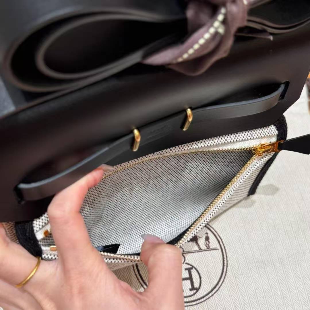 Hermes Mini Herbag Zip 20 Bag Retourne Ecru Noir Handmade In Canvas and Hunter Cowhide Gold Hardware - Image 19