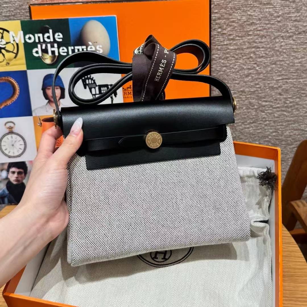 Hermes Mini Herbag Zip 20 Bag Retourne Ecru Noir Handmade In Canvas and Hunter Cowhide Gold Hardware