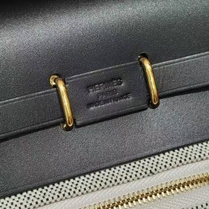 Hermes Mini Herbag Zip 20 Bag Retourne Ecru Noir Handmade In Canvas and Hunter Cowhide Gold Hardware - Image 11