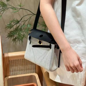 Hermes Mini Herbag Zip 20 Bag Retourne Ecru Noir Handmade In Canvas and Hunter Cowhide Gold Hardware - Image 3