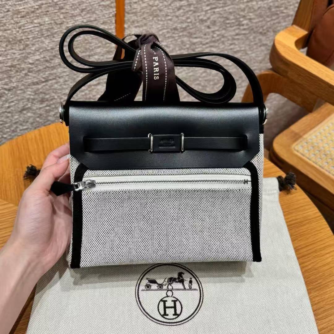 Hermes Mini Herbag Zip 20 Bag Retourne Ecru Noir Handmade In Militaire Canvas and Hunter Cowhide Silver Hardware - Image 2