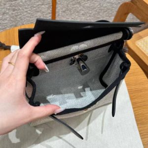 Hermes Mini Herbag Zip 20 Bag Retourne Ecru Noir Handmade In Militaire Canvas and Hunter Cowhide Silver Hardware - Image 19