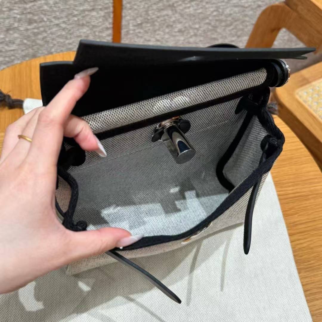 Hermes Mini Herbag Zip 20 Bag Retourne Ecru Noir Handmade In Militaire Canvas and Hunter Cowhide Silver Hardware - Image 19