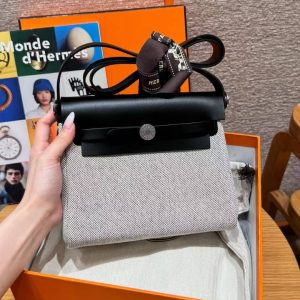 Hermes Mini Herbag Zip 20 Bag Retourne Ecru Noir Handmade In Militaire Canvas and Hunter Cowhide Silver Hardware