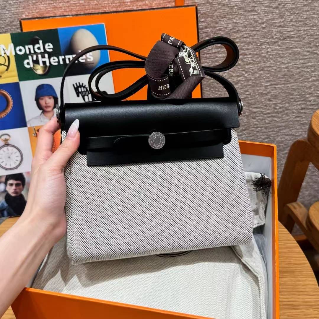 Hermes Mini Herbag Zip 20 Bag Retourne Ecru Noir Handmade In Militaire Canvas and Hunter Cowhide Silver Hardware