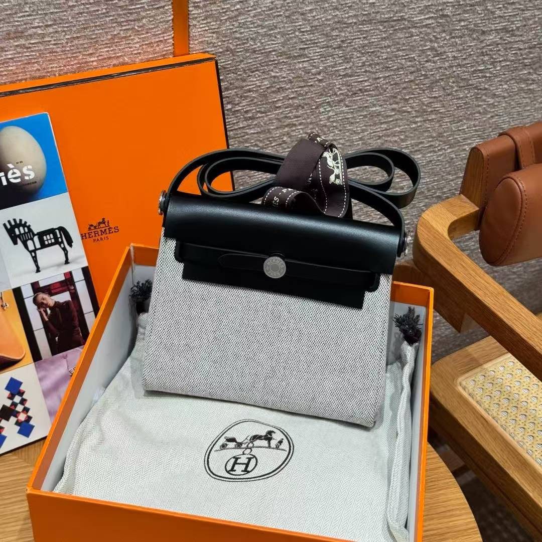 Hermes Mini Herbag Zip 20 Bag Retourne Ecru Noir Handmade In Militaire Canvas and Hunter Cowhide Silver Hardware - Image 15