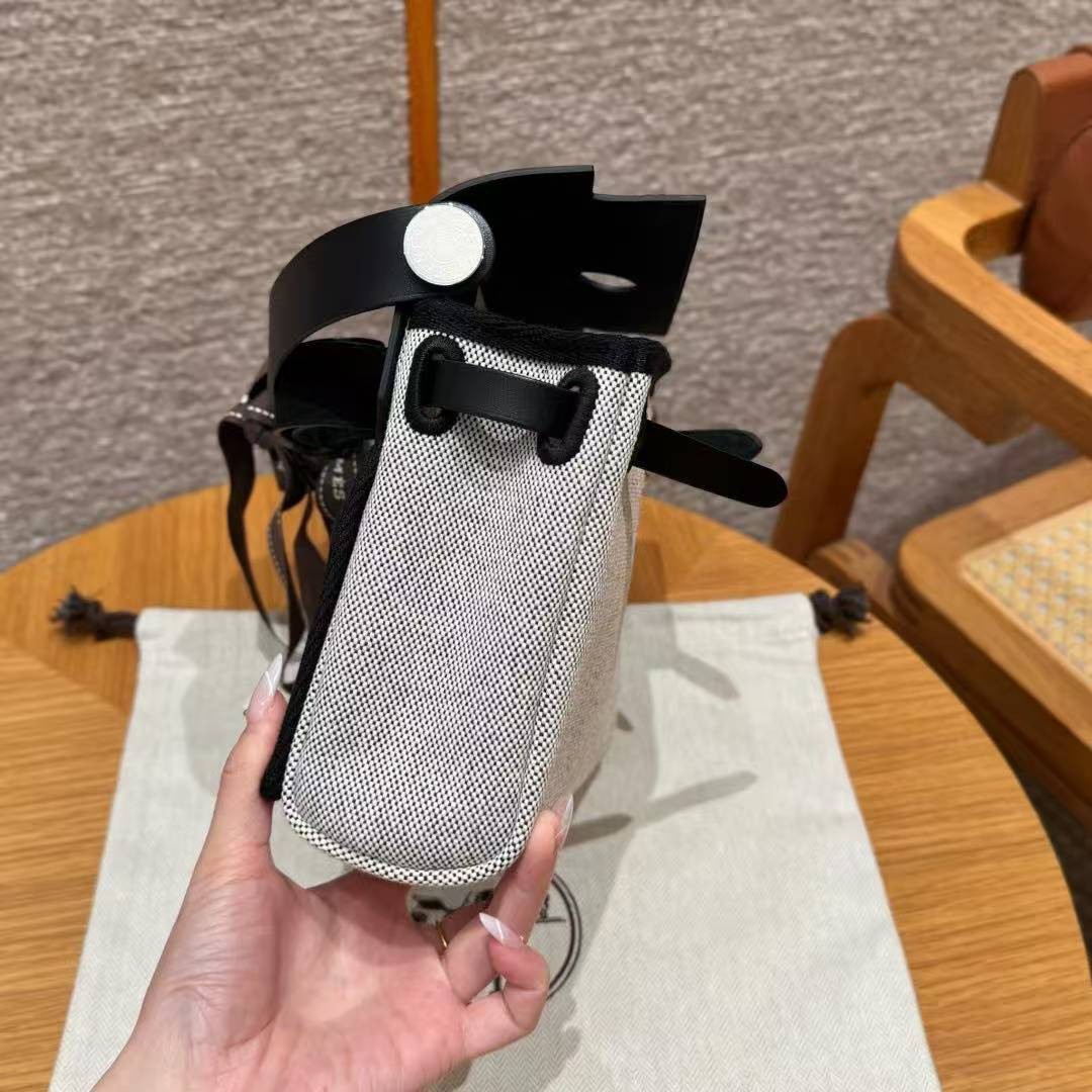 Hermes Mini Herbag Zip 20 Bag Retourne Ecru Noir Handmade In Militaire Canvas and Hunter Cowhide Silver Hardware - Image 14