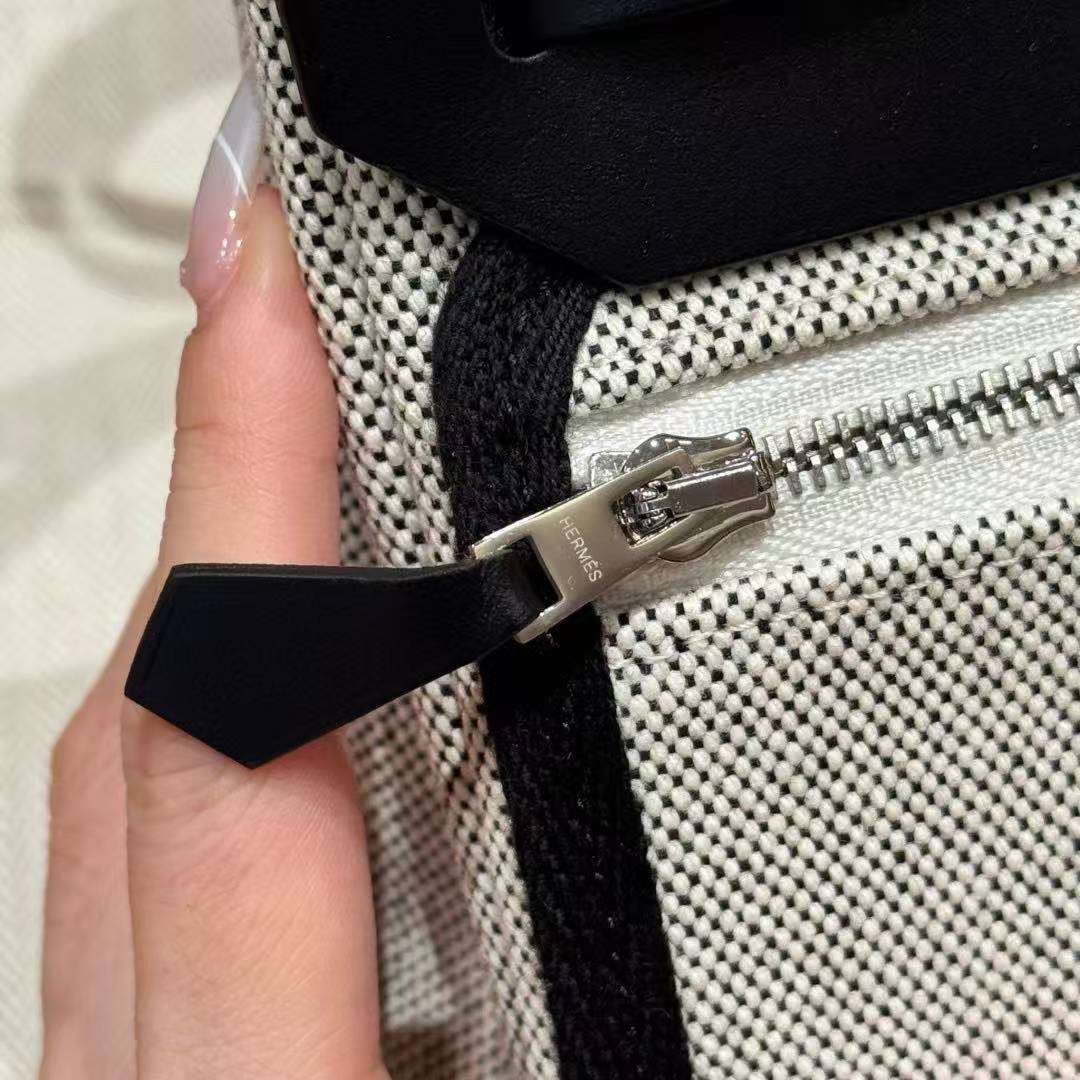 Hermes Mini Herbag Zip 20 Bag Retourne Ecru Noir Handmade In Militaire Canvas and Hunter Cowhide Silver Hardware - Image 11