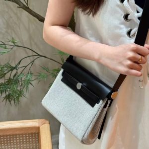 Hermes Mini Herbag Zip 20 Bag Retourne Ecru Noir Handmade In Militaire Canvas and Hunter Cowhide Silver Hardware - Image 3