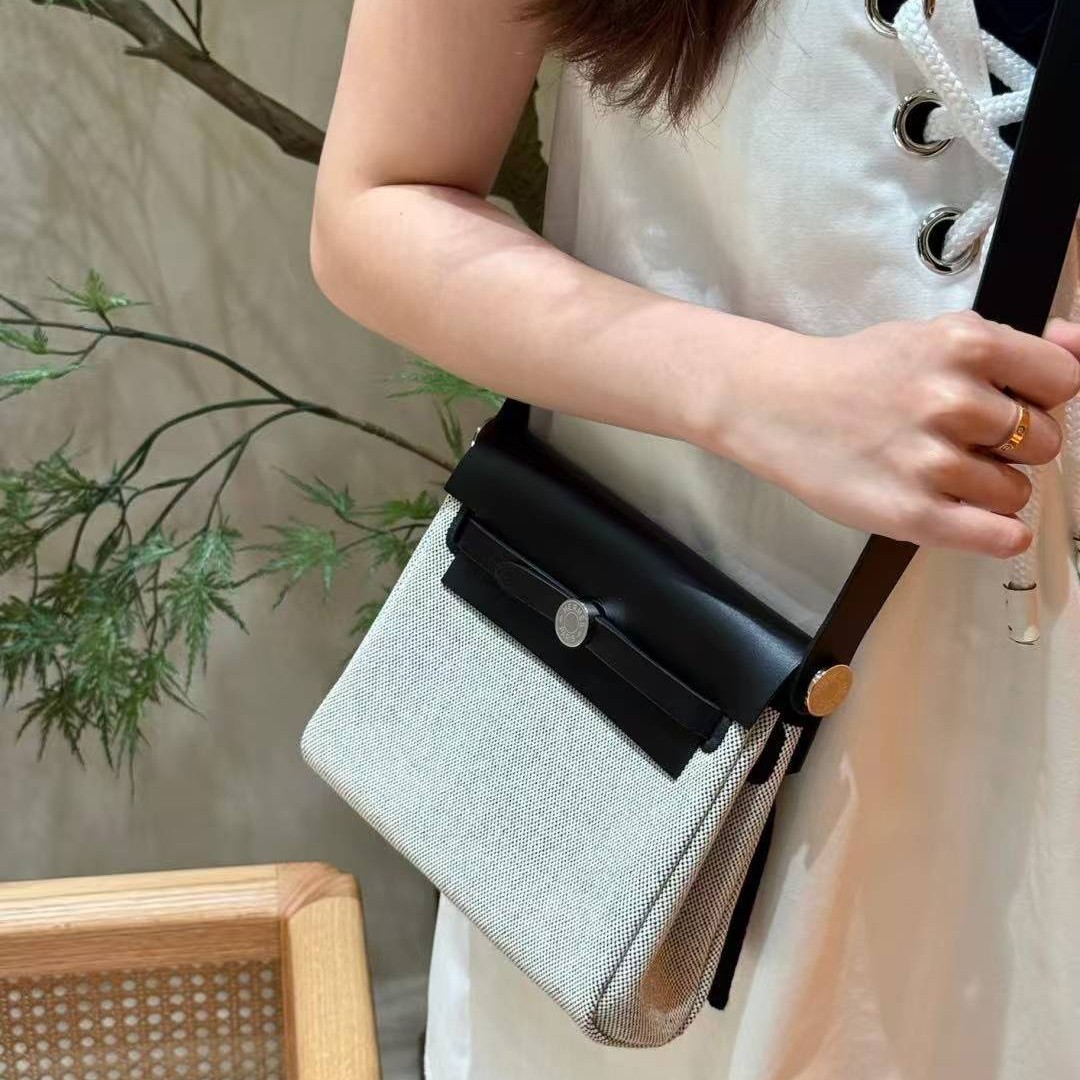 Hermes Mini Herbag Zip 20 Bag Retourne Ecru Noir Handmade In Militaire Canvas and Hunter Cowhide Silver Hardware - Image 3