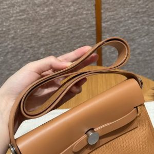 Hermes Mini Herbag Zip 20 Bag Handmade In Militaire Canvas and Hunter Cowhide Silver Hardware Naturel Sable - Image 15