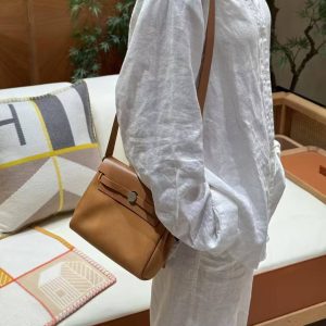 Hermes Mini Herbag Zip 20 Bag Handmade In Militaire Canvas and Hunter Cowhide Silver Hardware Naturel Sable - Image 4