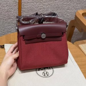 Hermes Mini Herbag Zip 20 Bag Retourne Rouge H Handmade In Militaire Canvas and Hunter Cowhide Silver Hardware
