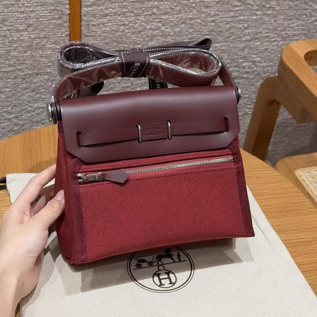 Hermes Mini Herbag Zip 20 Bag Retourne Rouge H Handmade In Militaire Canvas and Hunter Cowhide Silver Hardware - Image 2
