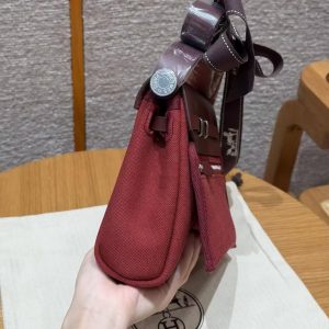 Hermes Mini Herbag Zip 20 Bag Retourne Rouge H Handmade In Militaire Canvas and Hunter Cowhide Silver Hardware - Image 21