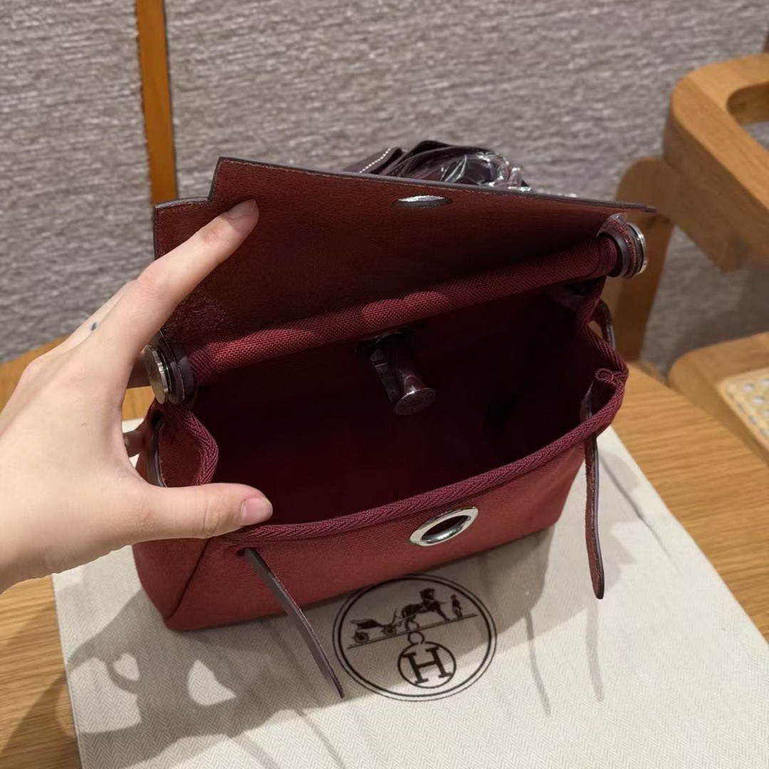 Hermes Mini Herbag Zip 20 Bag Retourne Rouge H Handmade In Militaire Canvas and Hunter Cowhide Silver Hardware - Image 19