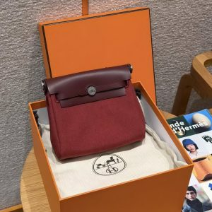 Hermes Mini Herbag Zip 20 Bag Retourne Rouge H Handmade In Militaire Canvas and Hunter Cowhide Silver Hardware - Image 15