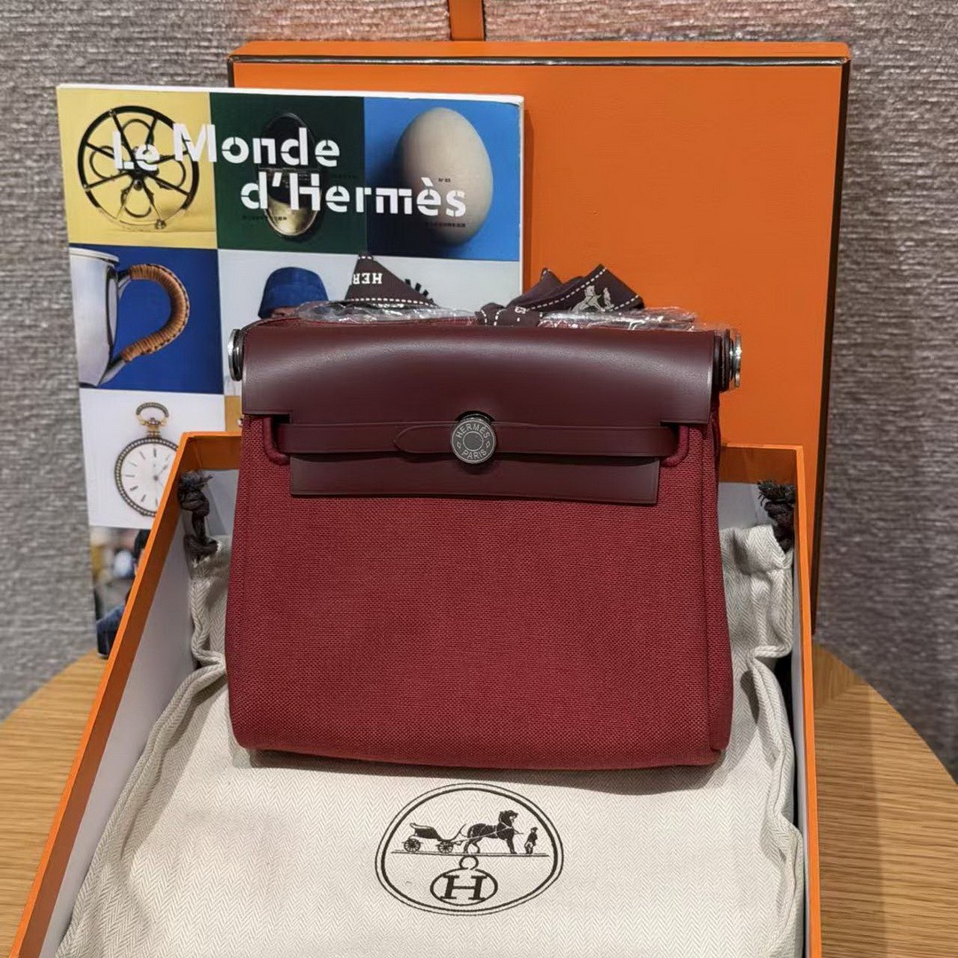 Hermes Mini Herbag Zip 20 Bag Retourne Rouge H Handmade In Militaire Canvas and Hunter Cowhide Silver Hardware - Image 14