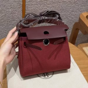 Hermes Mini Herbag Zip 20 Bag Retourne Rouge H Handmade In Militaire Canvas and Hunter Cowhide Silver Hardware - Image 13