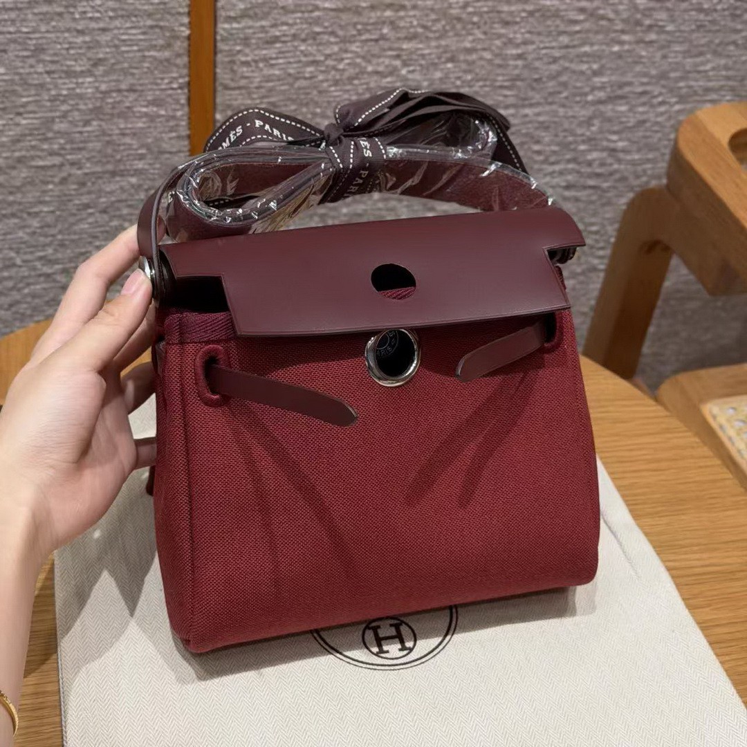 Hermes Mini Herbag Zip 20 Bag Retourne Rouge H Handmade In Militaire Canvas and Hunter Cowhide Silver Hardware - Image 13