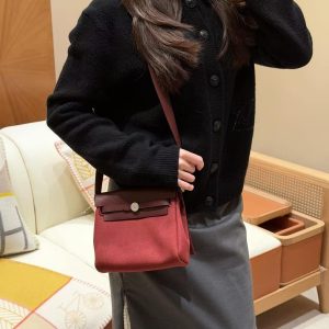 Hermes Mini Herbag Zip 20 Bag Retourne Rouge H Handmade In Militaire Canvas and Hunter Cowhide Silver Hardware - Image 4