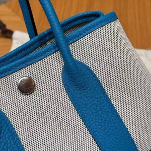 Hermes Neo Garden Party 23 Bag Handmade In Negonda Calfskin Leather And Canbas Silver Hardware Ecru Noir Bleu Outremer - Image 3