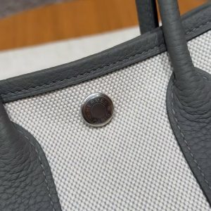 Hermes Neo Garden Party 23 Bag Ecru Noir Gris Meyer Handmade In Negonda Calfskin Leather And Canbas Silver Hardware - Image 9