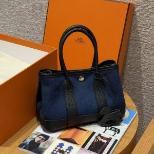 Hermes Neo Garden Party 23 Bag Handmade In Negonda Calfskin Leather And Canbas Silver Hardware Denim Moyen Noir - Image 3